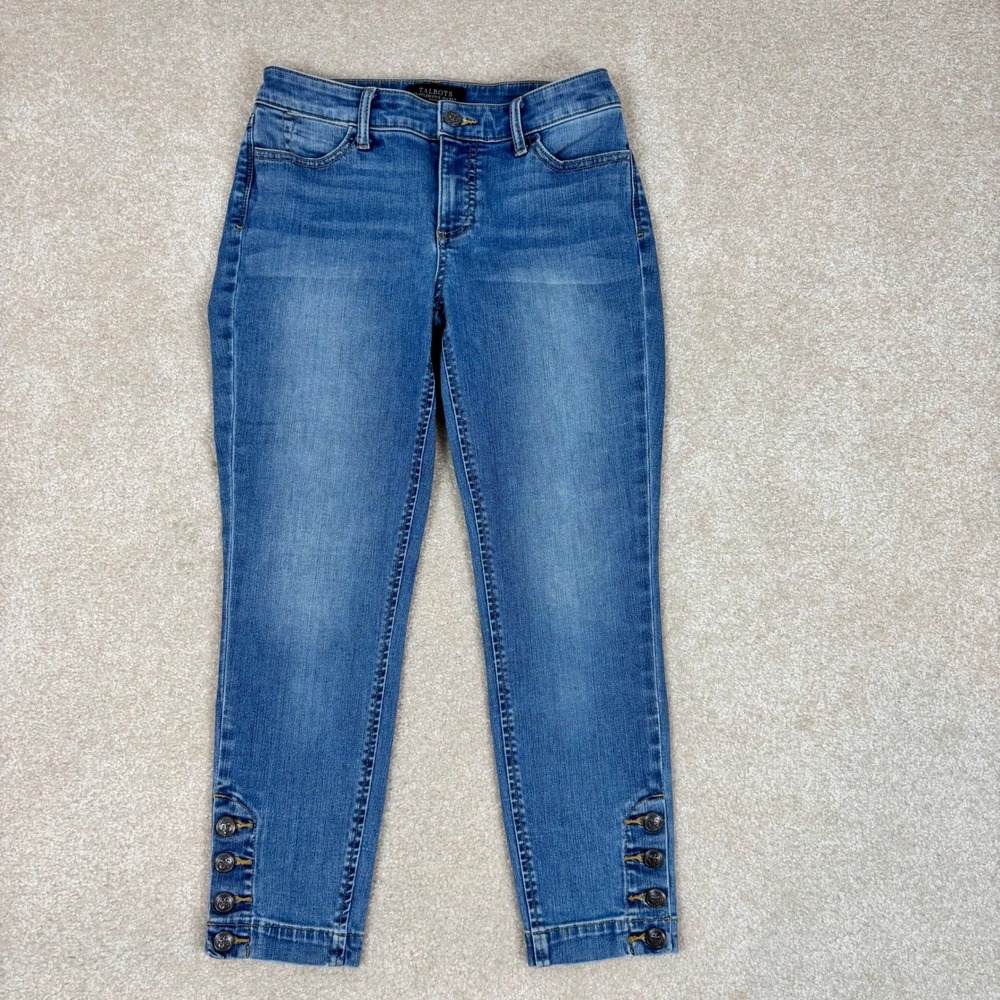 Talbots Flawless Five-Pocket Petite Blue Cropped Jeans Anchor Buttons 2P Medium